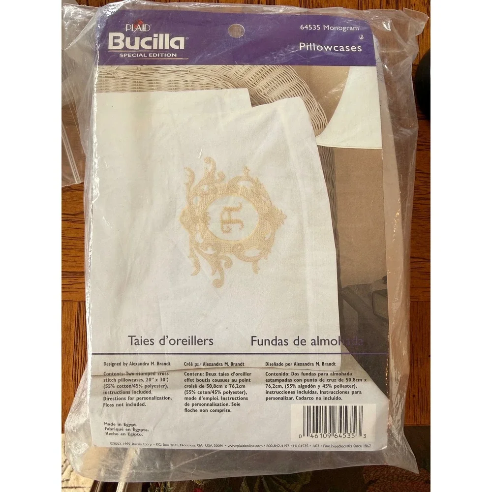 Bucilla Monogram Pillowcase Kit Stamped Cross Stitch White Pair Complete